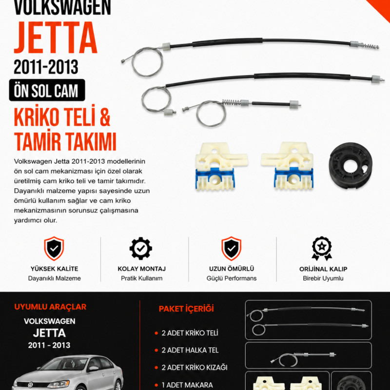 Volkswagen Jetta 2011-2013 Ön Sol Cam Kriko Teli & Tamir Takımı – Cam Mekanizması Tamir Kiti Volkswagen Jetta 2011-2013 Ön Sol Cam Kriko Teli & Tamir Takımı – Cam Mekanizması Tamir Kiti