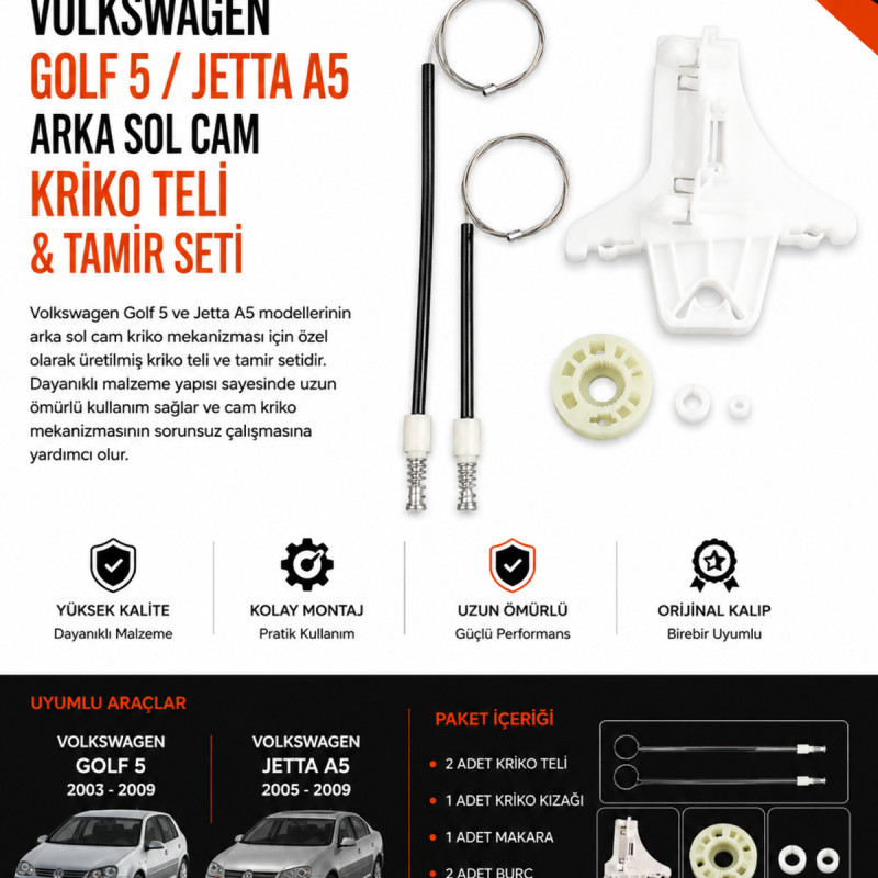 Volkswagen Golf 5 Jetta A5 Arka Sol Cam Kriko Teli & Tamir Seti – Cam Mekanizması Tamir Kiti