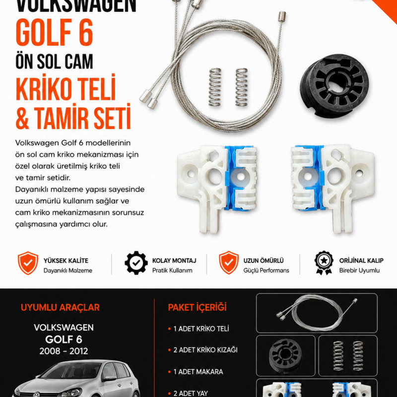 Volkswagen Golf 6 2008-2012 Ön Sol Cam Kriko Teli & Tamir Seti – Cam Mekanizması Tamir Kiti