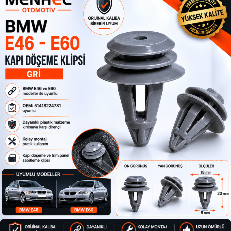 BMW E46 E60 Kapı Döşeme Klipsi Gri – 51418224781 Uyumlu Trim Panel Sabitleme Klipsi 100 Adet BMW E46 E60 Kapı Döşeme Klipsi Gri – 51418224781 Uyumlu Trim Panel Sabitleme Klipsi 100 Adet