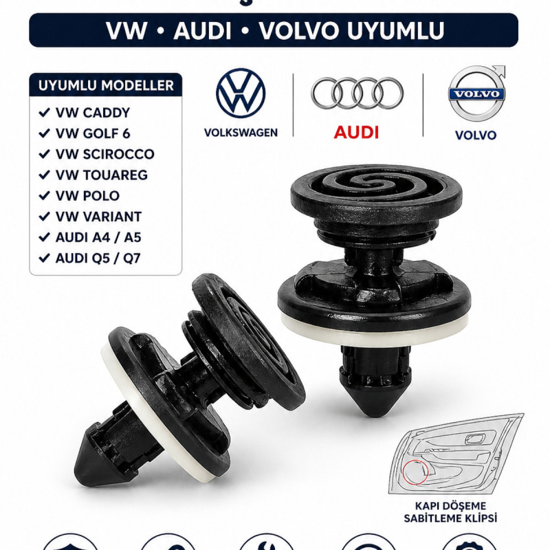 Volkswagen Vw Caddy Golf - Scirocco - Tuareng - T5 - Polo Audi A4-A5-Q5-Q7 Volvo Kapı Döşeme Klipsi 25 Adet Volkswagen Vw Caddy Golf - Scirocco - Tuareng - T5 - Polo Audi A4-A5-Q5-Q7 Volvo Kapı Döşeme Klipsi 25 Adet