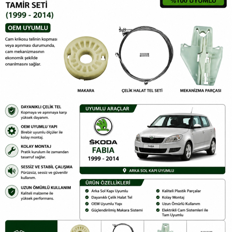 Skoda Fabia 1999-2014 Arka Sol Cam Krikosu Tamir Seti
