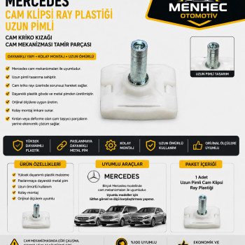 Mercedes Cam Klipsi Ray Plastiği Uzun Pimli Cam Kriko Kızağı Cam Mekanizması Tamir Parçası
