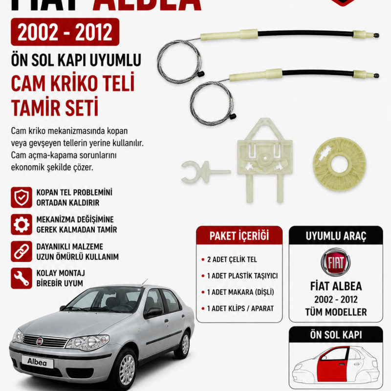 Fiat Albea 2002-2012 Ön Sol Cam Kriko Teli Tamir Seti Otomatik Cam Mekanizması Onarım Kiti OEM Uyumlu