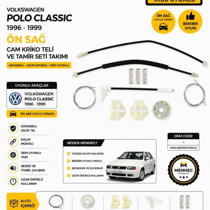 Volkswagen Polo Classic 1996-1999 Ön Sağ Cam Kriko Teli ve Tamir Seti Takımı