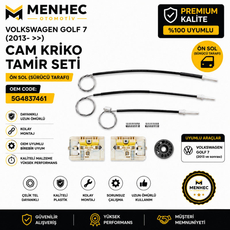 Volkswagen Golf 7 Ön Sol Cam Kriko Tamir Seti 2013 Sonrası 5G4837461 Volkswagen Golf 7 Ön Sol Cam Kriko Tamir Seti 2013 Sonrası 5G4837461
