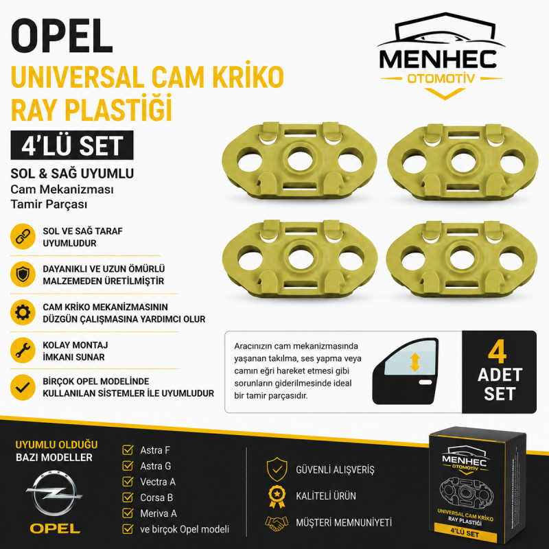 Opel Universal Cam Kriko Ray Plastiği 4'lü Set Sol Sağ Uyumlu Cam Mekanizması Tamir Parçası