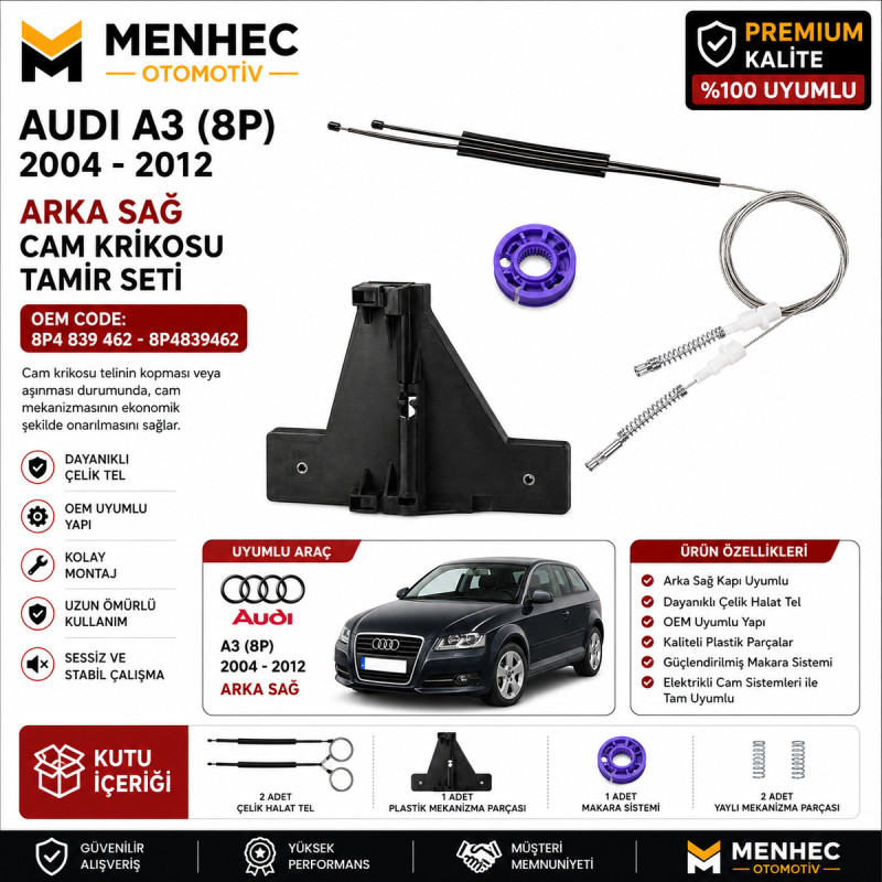 Audi A3 8P 2004-2012 Arka Sağ Cam Krikosu Tamir Seti 8P4839462