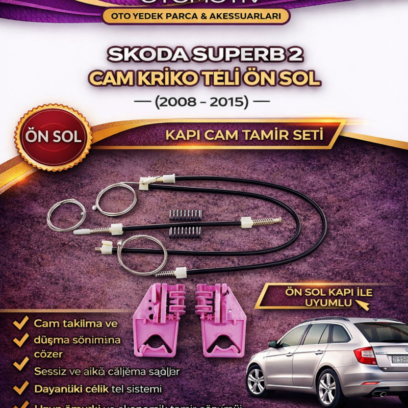 Skoda Superb 2 Cam Kriko Teli Ön Sol (2008-2015) – Kapı Cam Tamir Seti Skoda Superb 2 Cam Kriko Teli Ön Sol (2008-2015) – Kapı Cam Tamir Seti