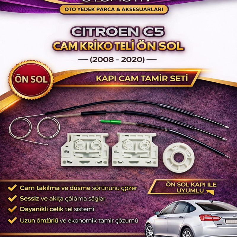 Citroen C5 Cam Kriko Teli Ön Sol (2008-2020) – Kapı Cam Tamir Seti Citroen C5 Cam Kriko Teli Ön Sol (2008-2020) – Kapı Cam Tamir Seti