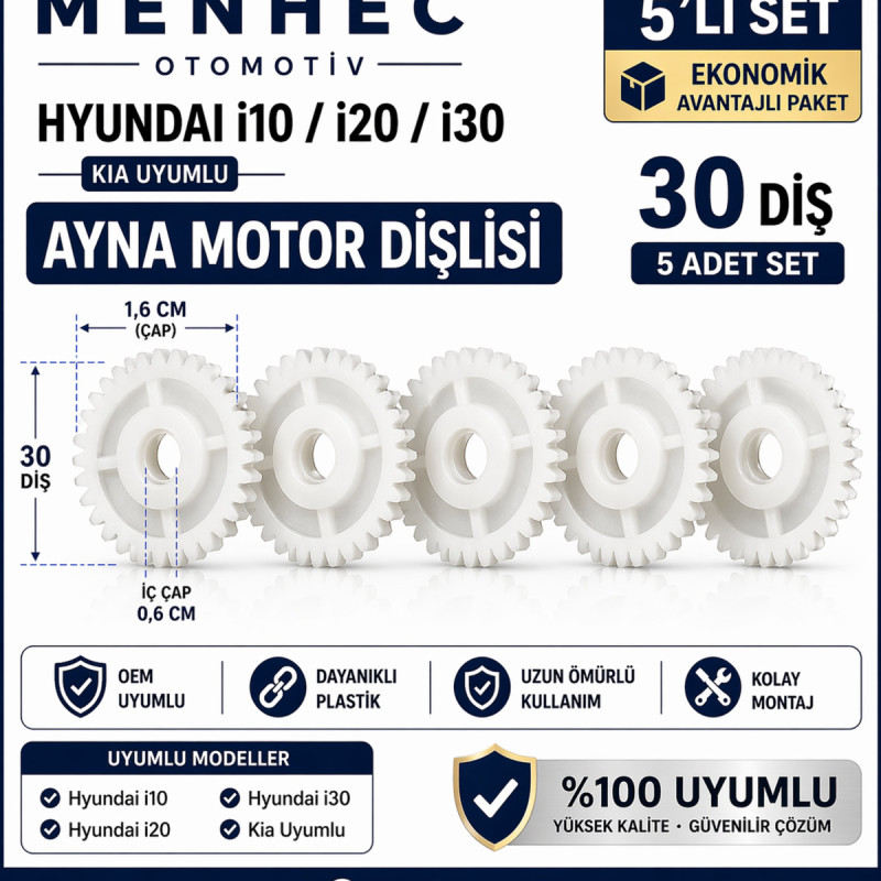 Hyundai i10 i20 i30 Ayna Motor Dişlisi 30 Diş 1.6 cm 5 Adet Set