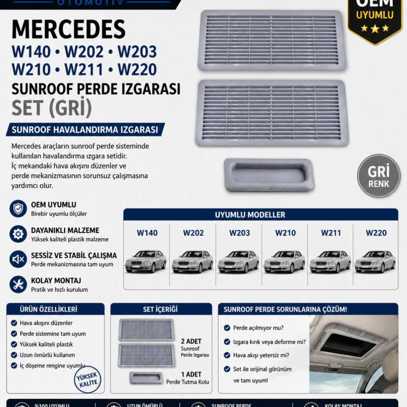 Mercedes W140 W202 W203 W210 W211 W220 Sunroof Perde Izgarası Set Gri İç Havalandırma Izgara OEM Uyumlu Mercedes W140 W202 W203 W210 W211 W220 Sunroof Perde Izgarası Set Gri İç Havalandırma Izgara OEM Uyumlu