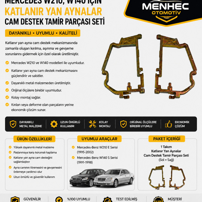 Mercedes W210 W140 Katlanır Yan Ayna Cam Destek Tamir Parçası Seti Sol Sağ Takım