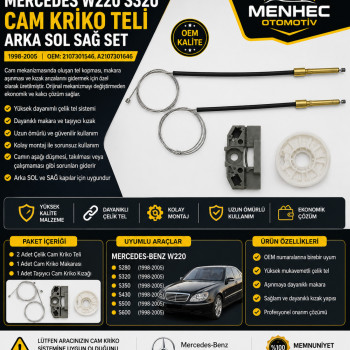 Mercedes W220 S320 Arka Sol Sağ Cam Kriko Teli Tamir Seti (1998-2005) OEM 2107301546 A2107301646 Mercedes W220 S320 Arka Sol Sağ Cam Kriko Teli Tamir Seti (1998-2005) OEM 2107301546 A2107301646
