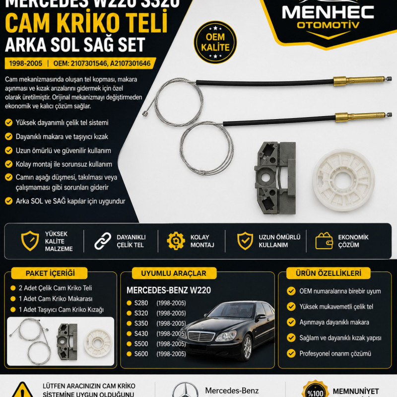 Mercedes W220 S320 Arka Sol Sağ Cam Kriko Teli Tamir Seti (1998-2005) OEM 2107301546 A2107301646 Mercedes W220 S320 Arka Sol Sağ Cam Kriko Teli Tamir Seti (1998-2005) OEM 2107301546 A2107301646