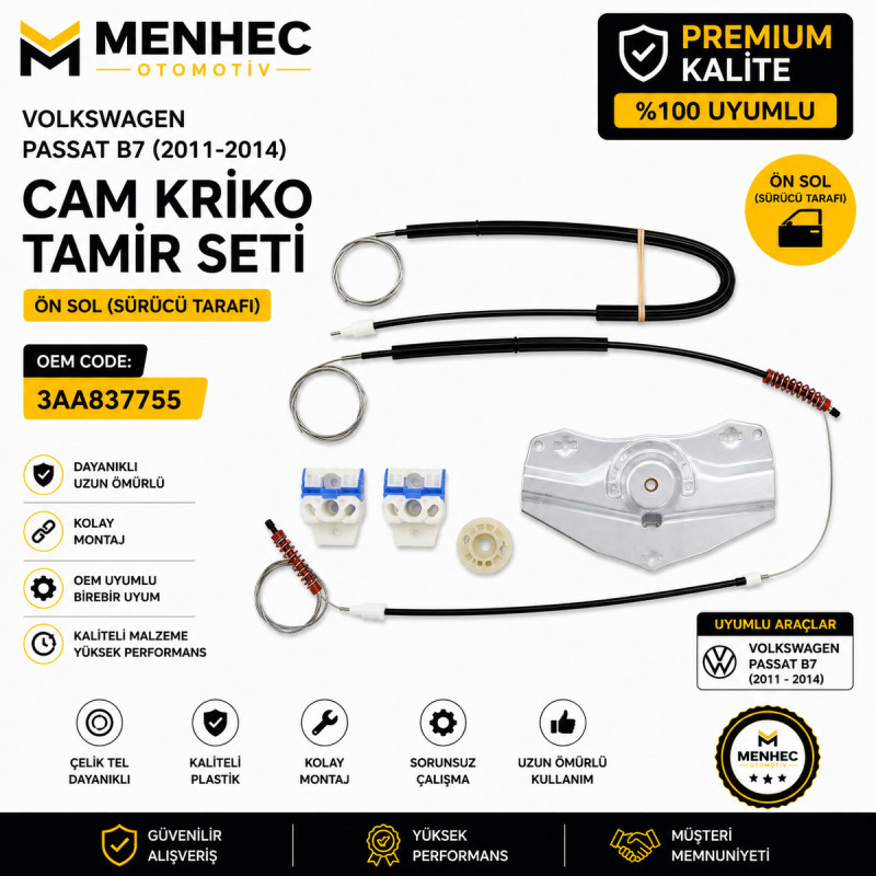Volkswagen Passat B7 Ön Sol Cam Kriko Tamir Seti Motor Kapaklı 3AA837755 2011-2014