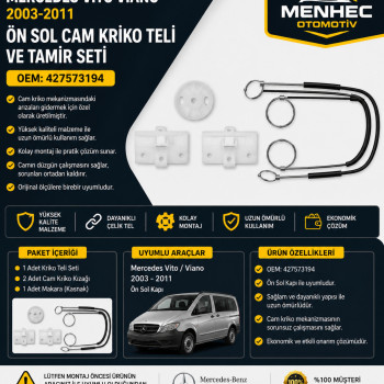 Mercedes Vito Viano Ön Sol Cam Kriko Teli ve Tamir Seti (2003-2011) OEM 427573194 Cam Mekanizması Onarım Kiti