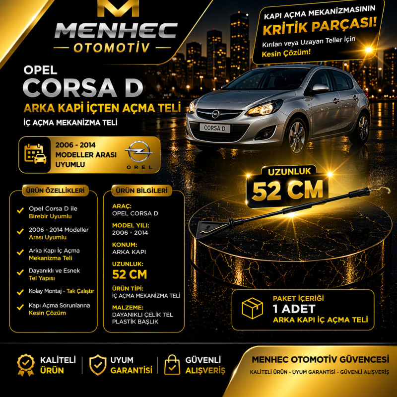 Opel Corsa D Arka Kapı İç Açma Teli 52 cm İçten Açma Mekanizma Teli (2006-2014 Uyumlu)