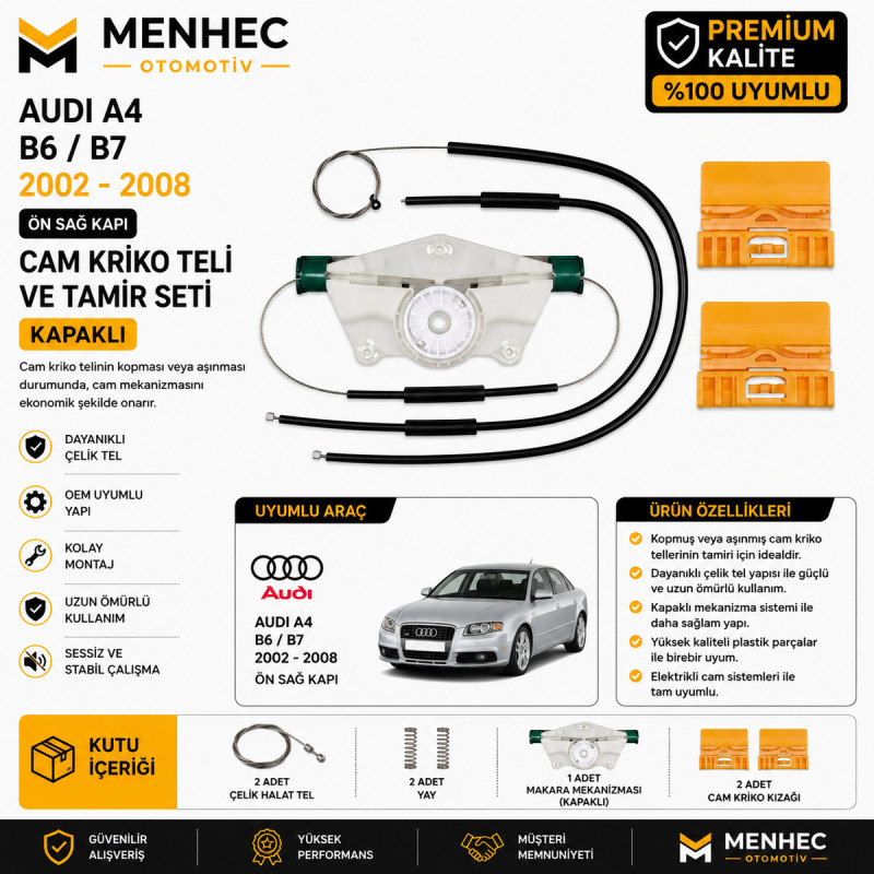 Audi A4 B6 B7 2002-2008 Ön Sağ Cam Kriko Teli ve Tamir Seti Kapaklı Audi A4 B6 B7 2002-2008 Ön Sağ Cam Kriko Teli ve Tamir Seti Kapaklı
