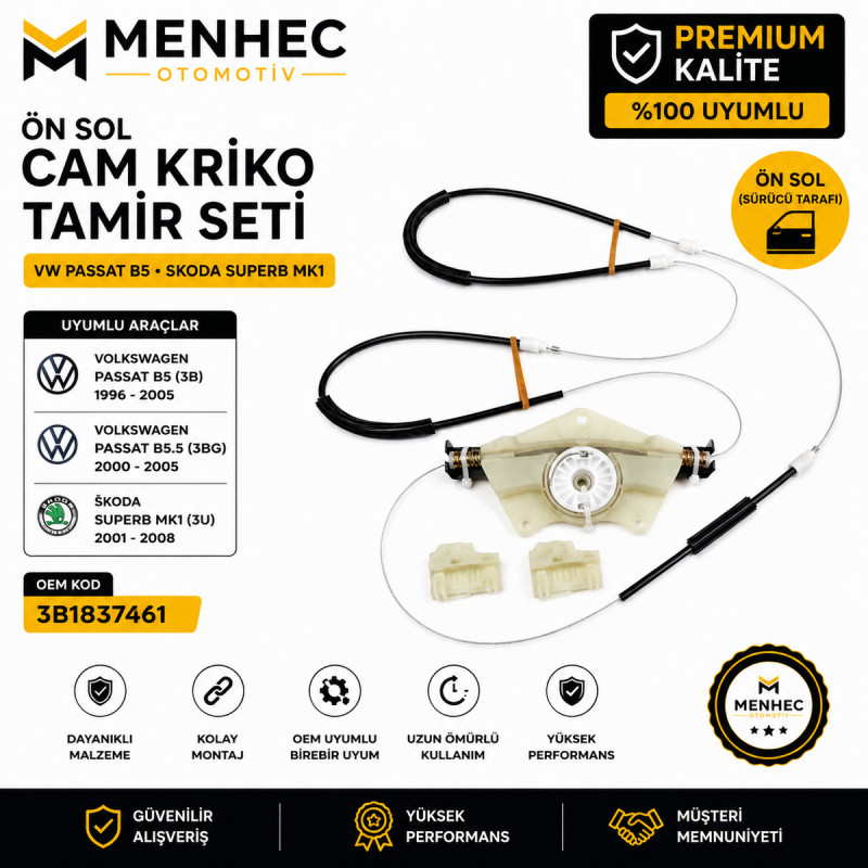 VW Passat B5 3B 3BG Skoda Superb MK1 Ön Sol Cam Kriko Tamir Seti 3B1837461