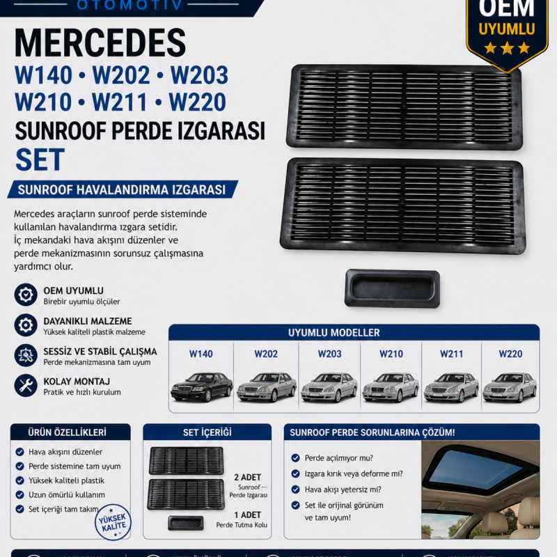 Mercedes W140 W202 W203 W210 W211 W220 Sunroof Perde Izgarası Set İç Havalandırma Izgara Parçası OEM Uyumlu