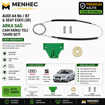 Audi A4 B6 B7 & Seat Exeo Arka Sağ Cam Kriko Teli Tamir Seti 8E0839461