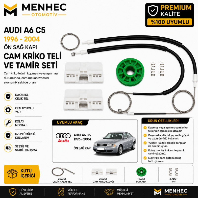 Audi A6 C5 1996-2004 Ön Sağ Cam Kriko Teli ve Tamir Seti Audi A6 C5 1996-2004 Ön Sağ Cam Kriko Teli ve Tamir Seti