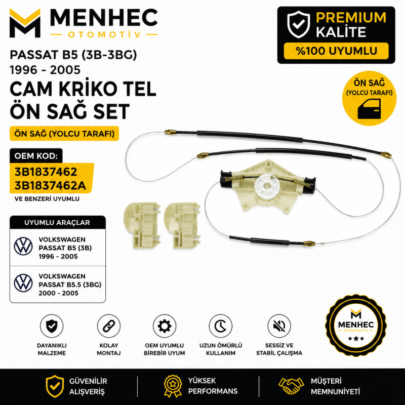 VW Passat B5 3B 3BG Ön Sağ Cam Kriko Teli Tamir Seti 3B1837462 1996-2005