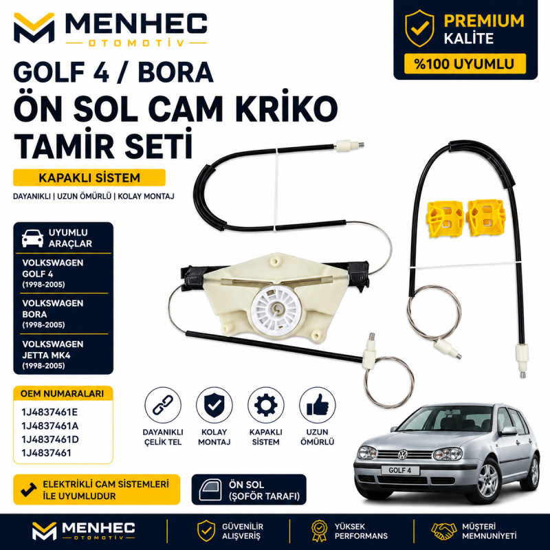 Volkswagen Golf 4 Bora Ön Sol Cam Kriko Teli Tamir Seti Kapaklı Mekanizma 1J4837461E