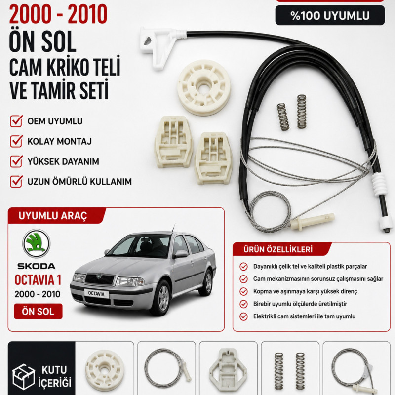 Skoda Octavia 1 2000-2010 Ön Sol Cam Kriko Teli ve Tamir Seti