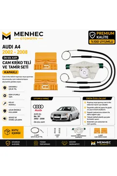 Audi A4 B6 B7 2002-2008 Ön Sol Cam Kriko Teli ve Tamir Seti Kapaklı